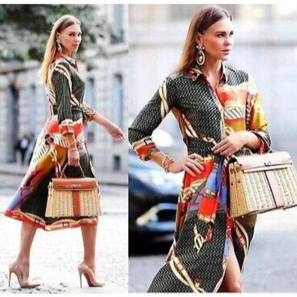 Zara Dresses & Skirts - Bloggers' Fav ZARA Multicolor AW18 Printed Long Sleeve Midi Tunic Dress Size S